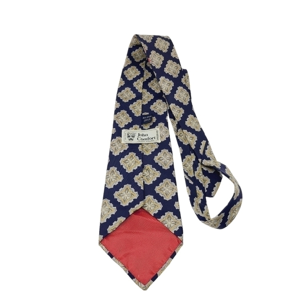 John Comfort London | Navy & Cream/Gold Vintage Printed Silk Tie (One Size) - Picture 7 of 8